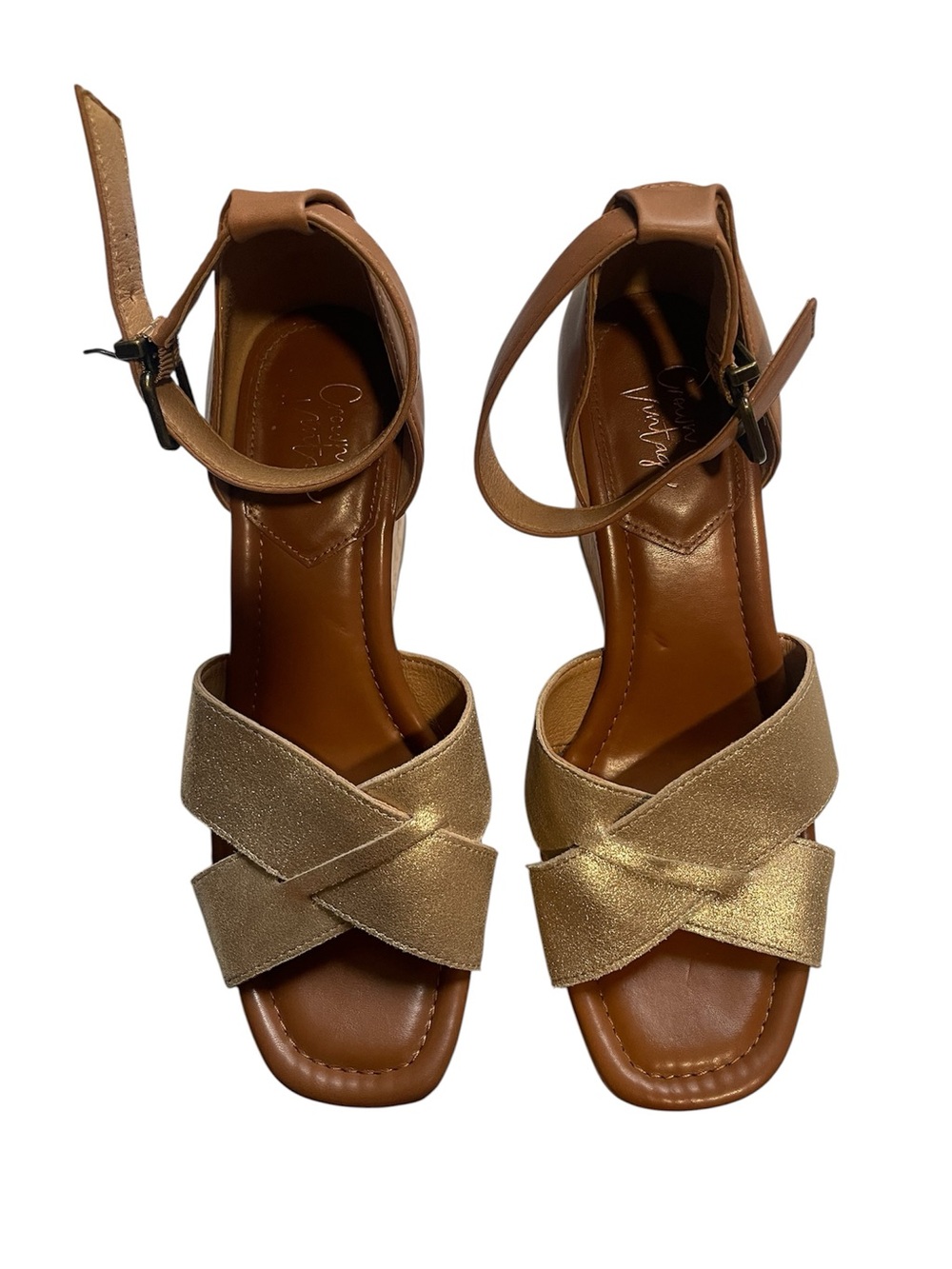 Crown Vintage Metallic Gold Crisscross Ankle-Strap Wedges
